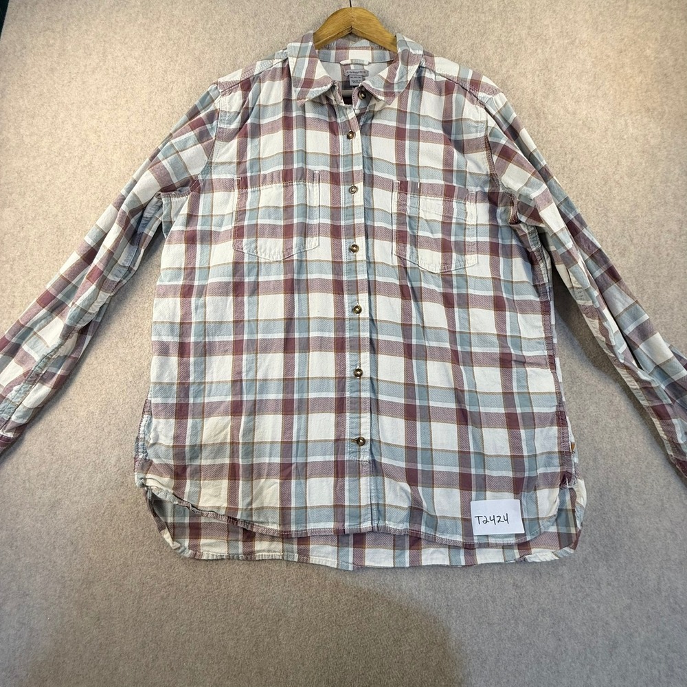 Carhartt Womens XL Plaid Flannel Button Down Shirt Purple Blue Long Sleeve